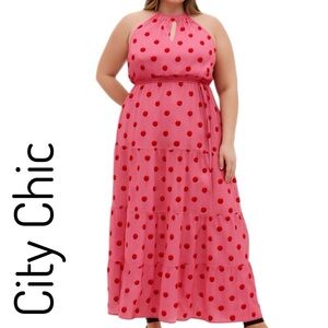 City Chic Plus Size Pink Polka Dot Maxi Dress w Belt Sz 20